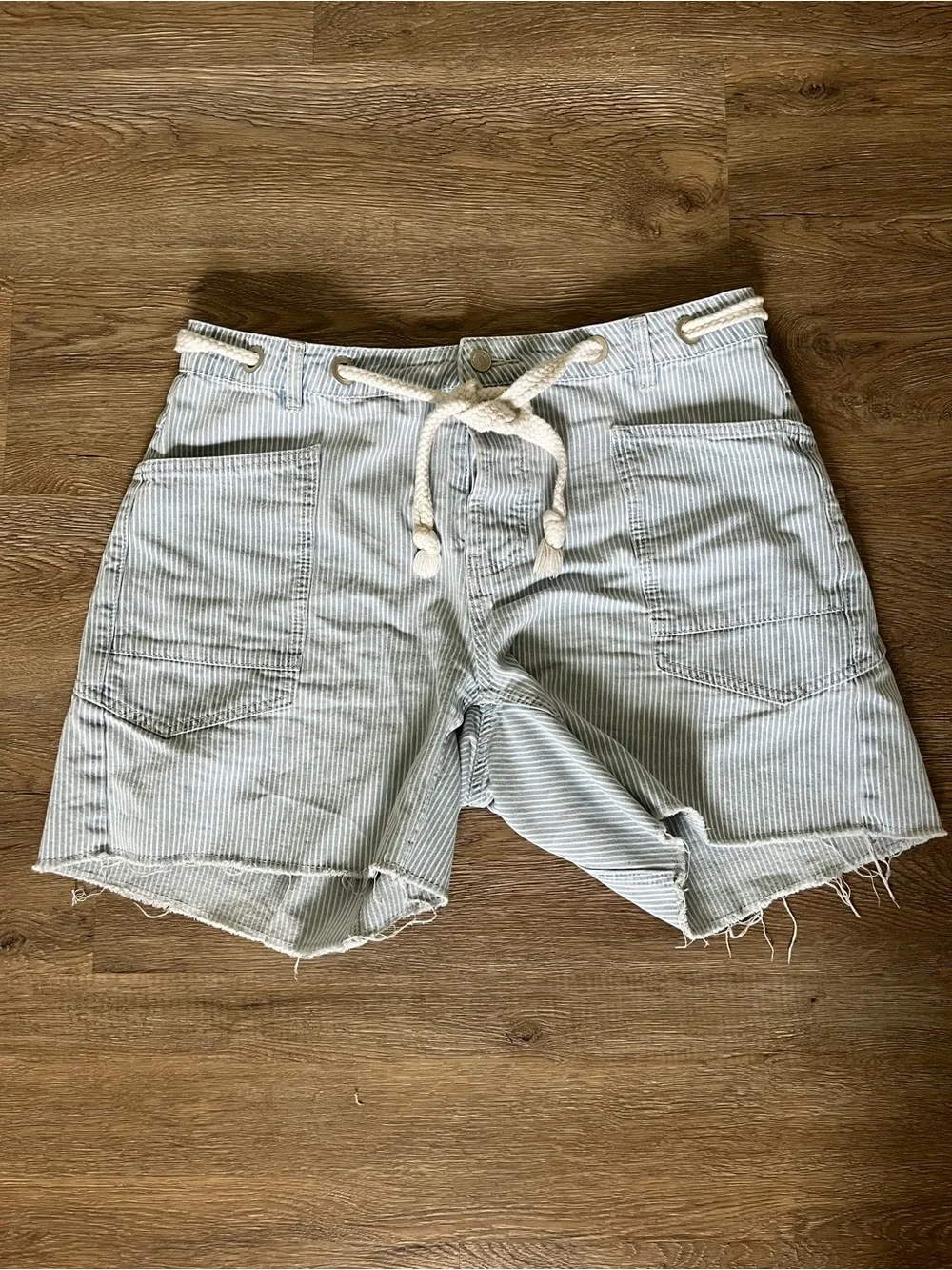 Light Blue Striped Women’s Casual Shorts with Rope Drawstring